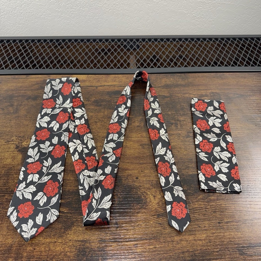 Hi-Tie Black Red Floral‎ Tie Pocket Square Set Mens Necktie Gray Leaf Slim